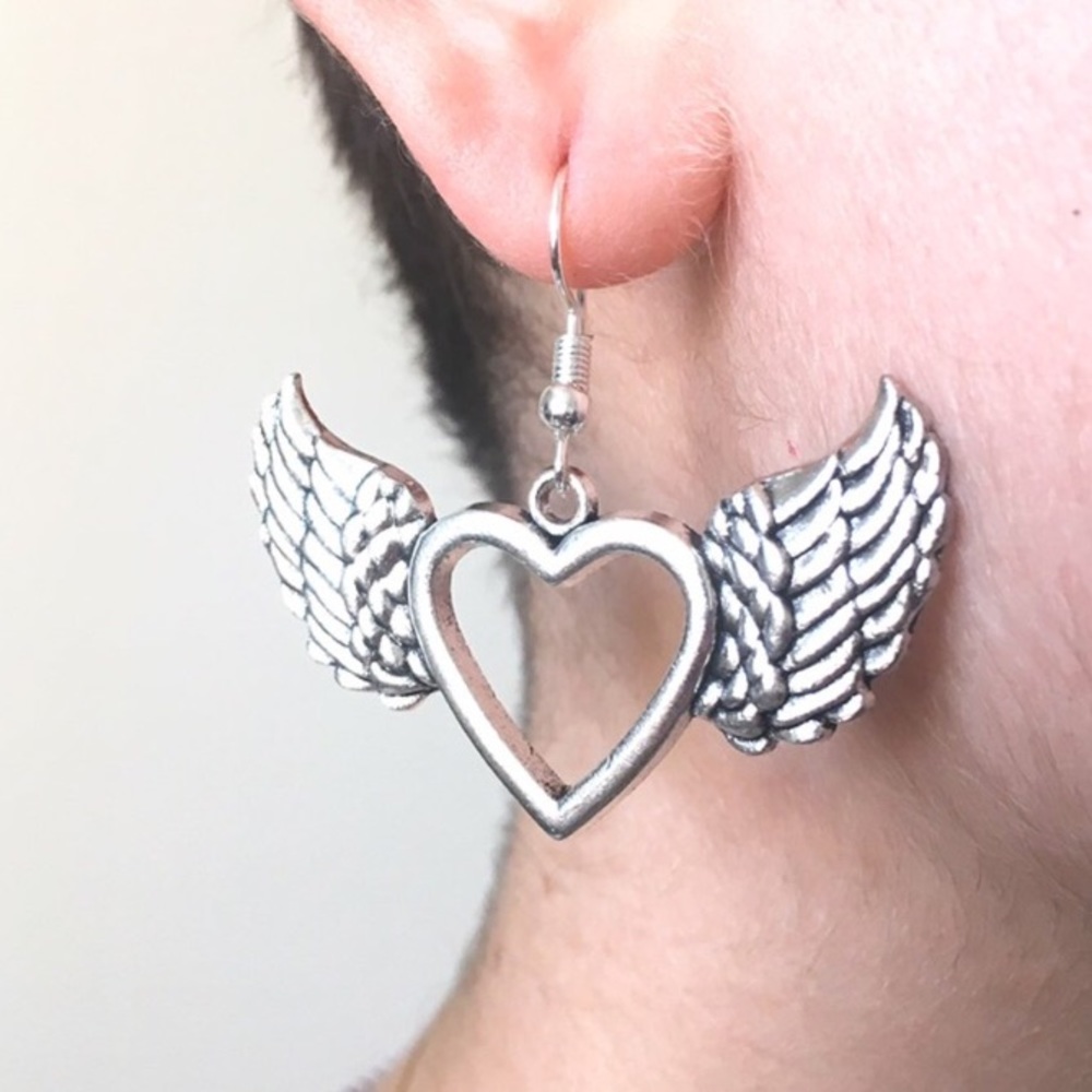 SILVER WINGED HEART EARRINGS!